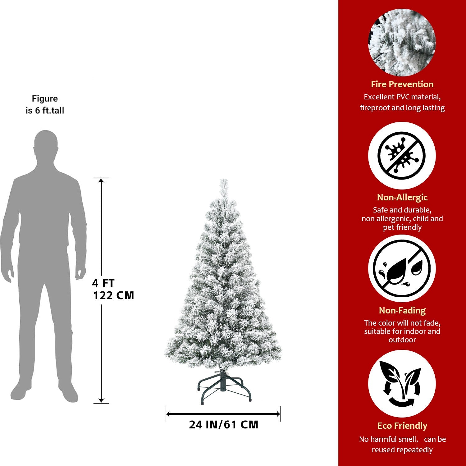 4ft Flocked Christmas Tree – Snowy White PVC Artificial Tree with 233 Tips and Sturdy Metal Stand, Compact Full Design for Small Spaces