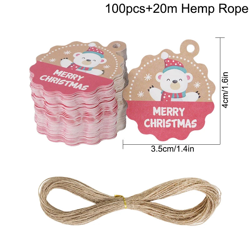 100pcs Merry Christmas Gift Tags with 65ft Hemp Rope – Holiday Paper Tags for Christmas Wrapping, Party Favors & DIY Packaging (Assorted Designs)