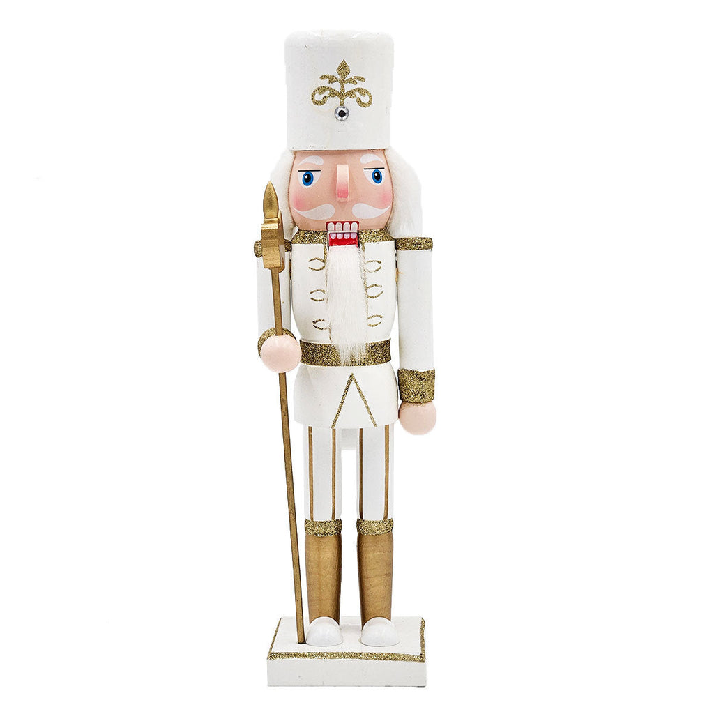 White & Gold Christmas Nutcracker Figurine – 14" Classic Wooden Holiday Decor