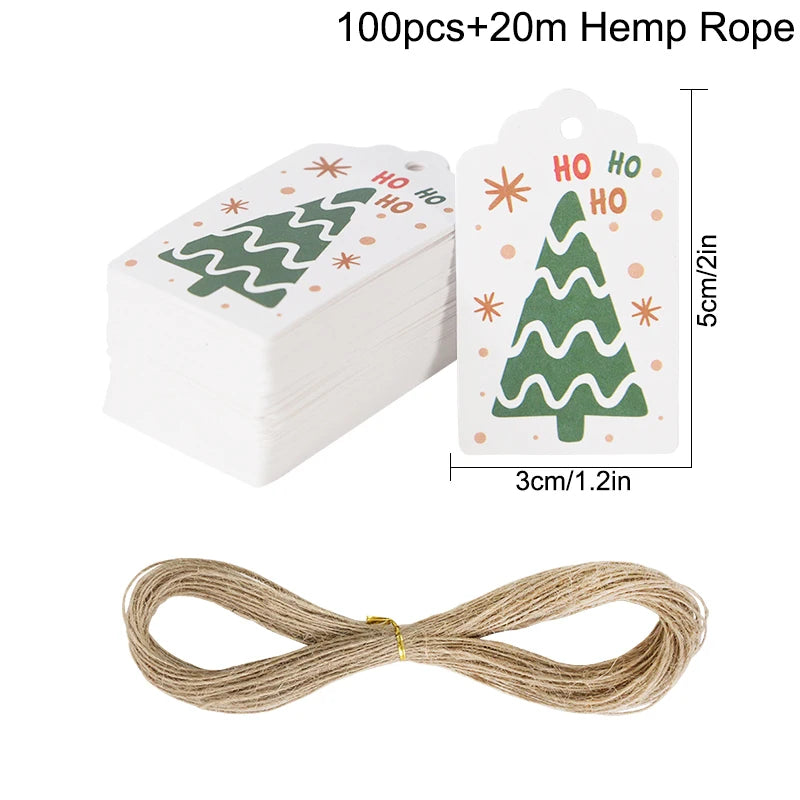 100pcs Merry Christmas Gift Tags with 65ft Hemp Rope – Holiday Paper Tags for Christmas Wrapping, Party Favors & DIY Packaging (Assorted Designs)
