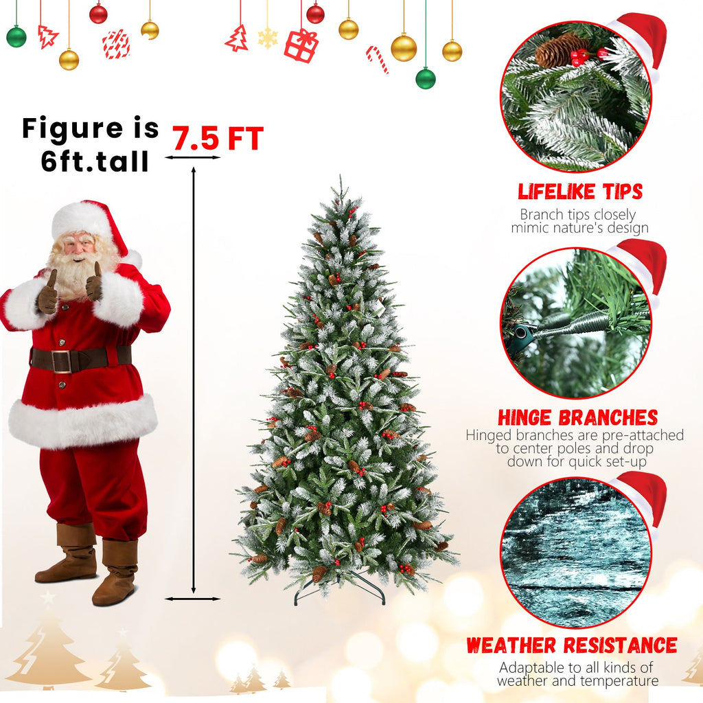 7ft Snow-Dusted Christmas Tree with Red Berries & Pine Cones – 2178 PE+PVC Tips, Hinged Design, and Metal Stand