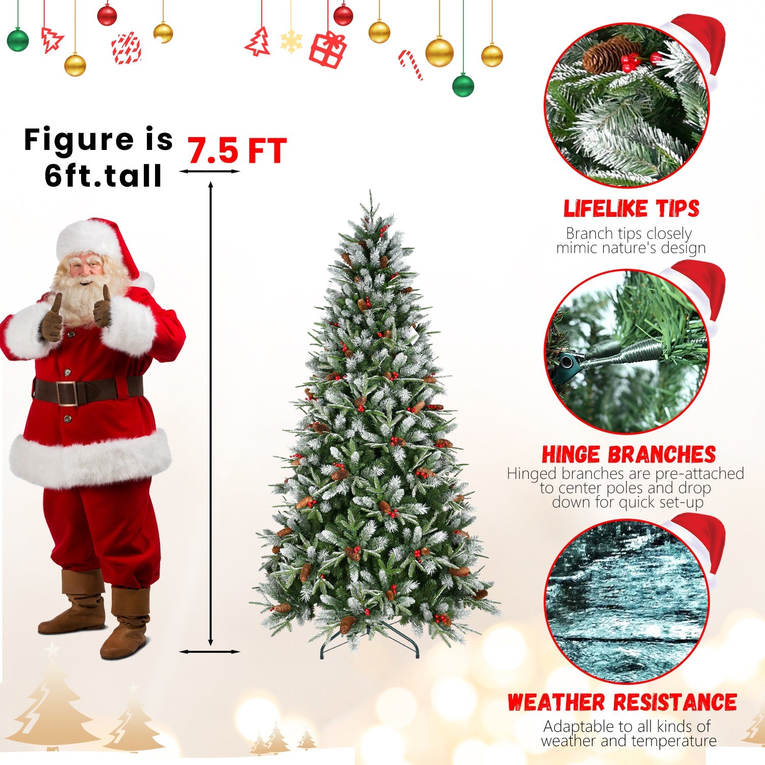 7ft Snow-Dusted Christmas Tree with Red Berries & Pine Cones – 2178 PE+PVC Tips, Hinged Design, and Metal Stand