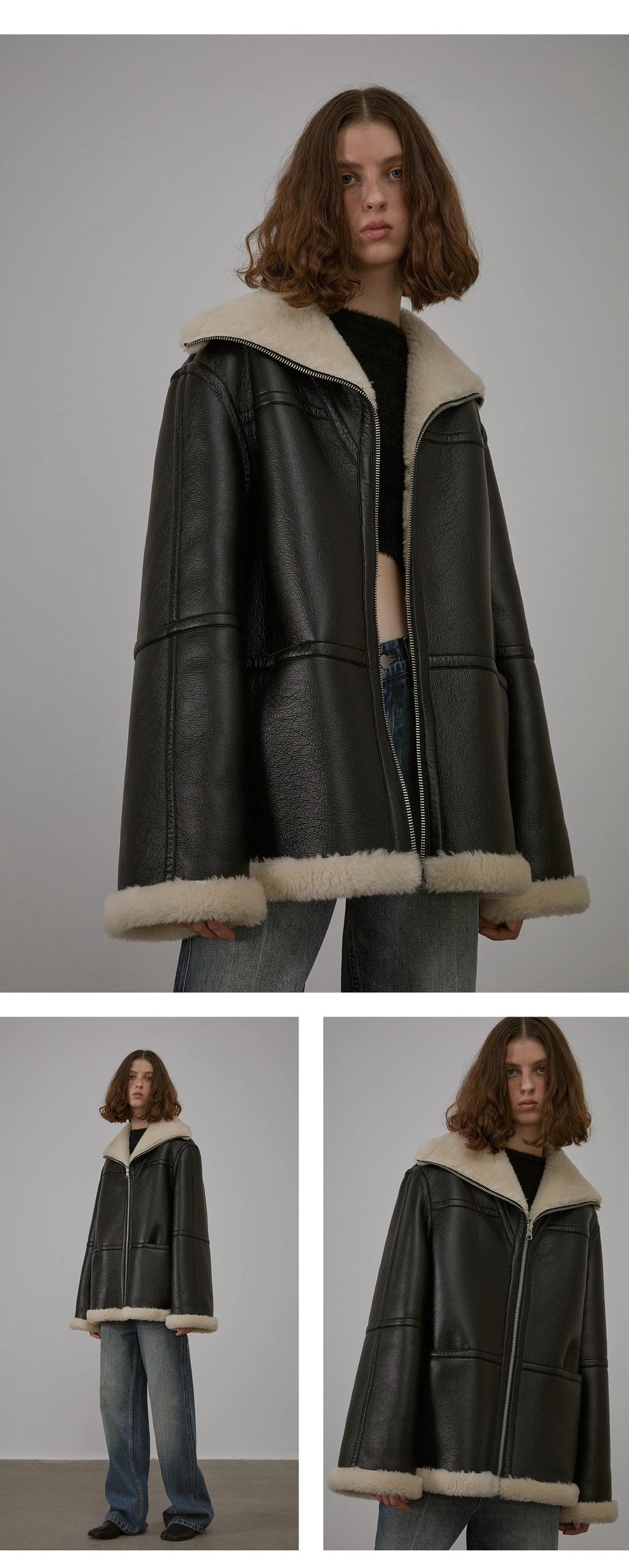 “August Night” Wool Artificial Compound Leather Reversible Shearling Jacket