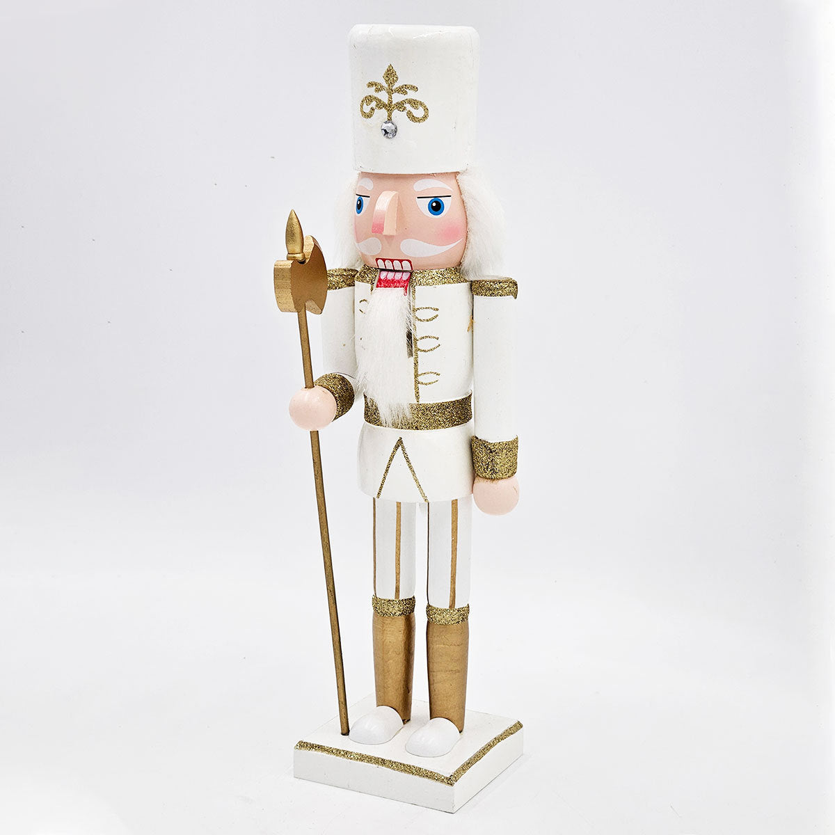 White & Gold Christmas Nutcracker Figurine – 14" Classic Wooden Holiday Decor