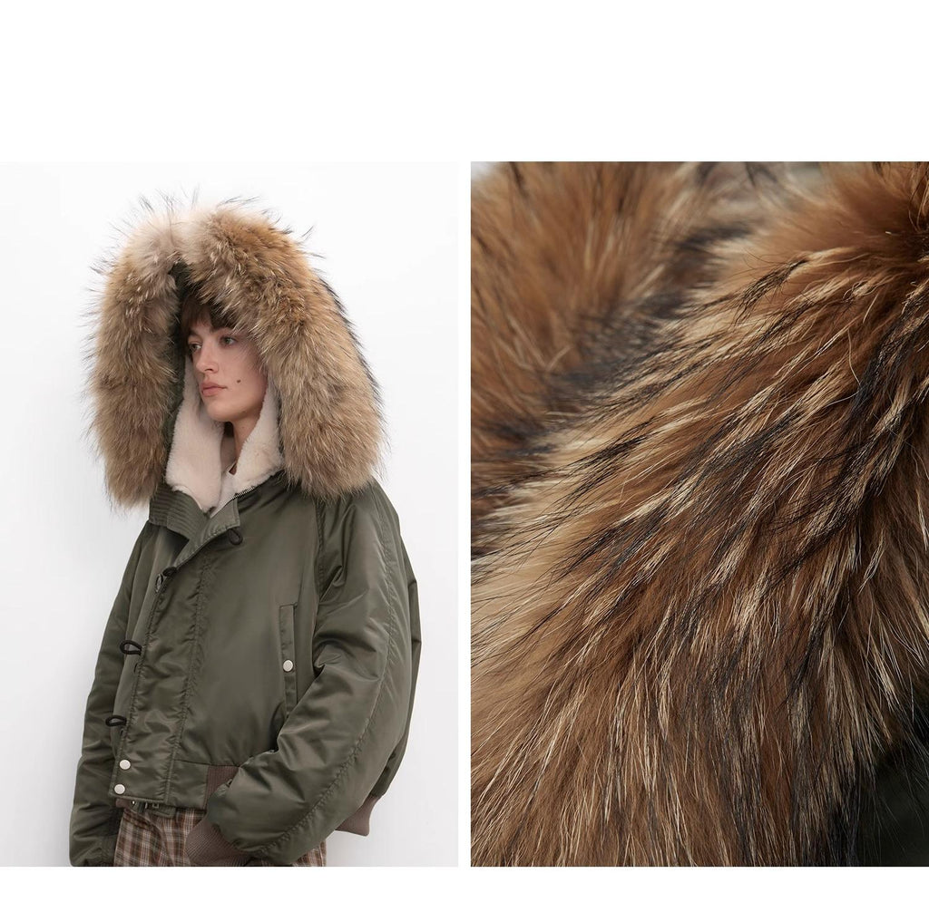 Large Hood, Raccoon Fur Collar Style Style Jacket