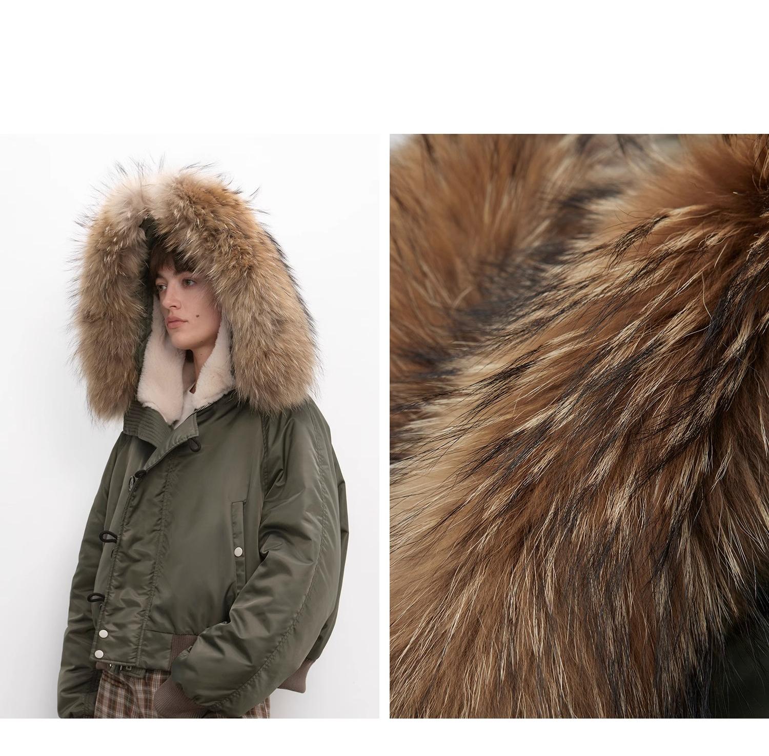 Large Hood, Raccoon Fur Collar Style Style Jacket
