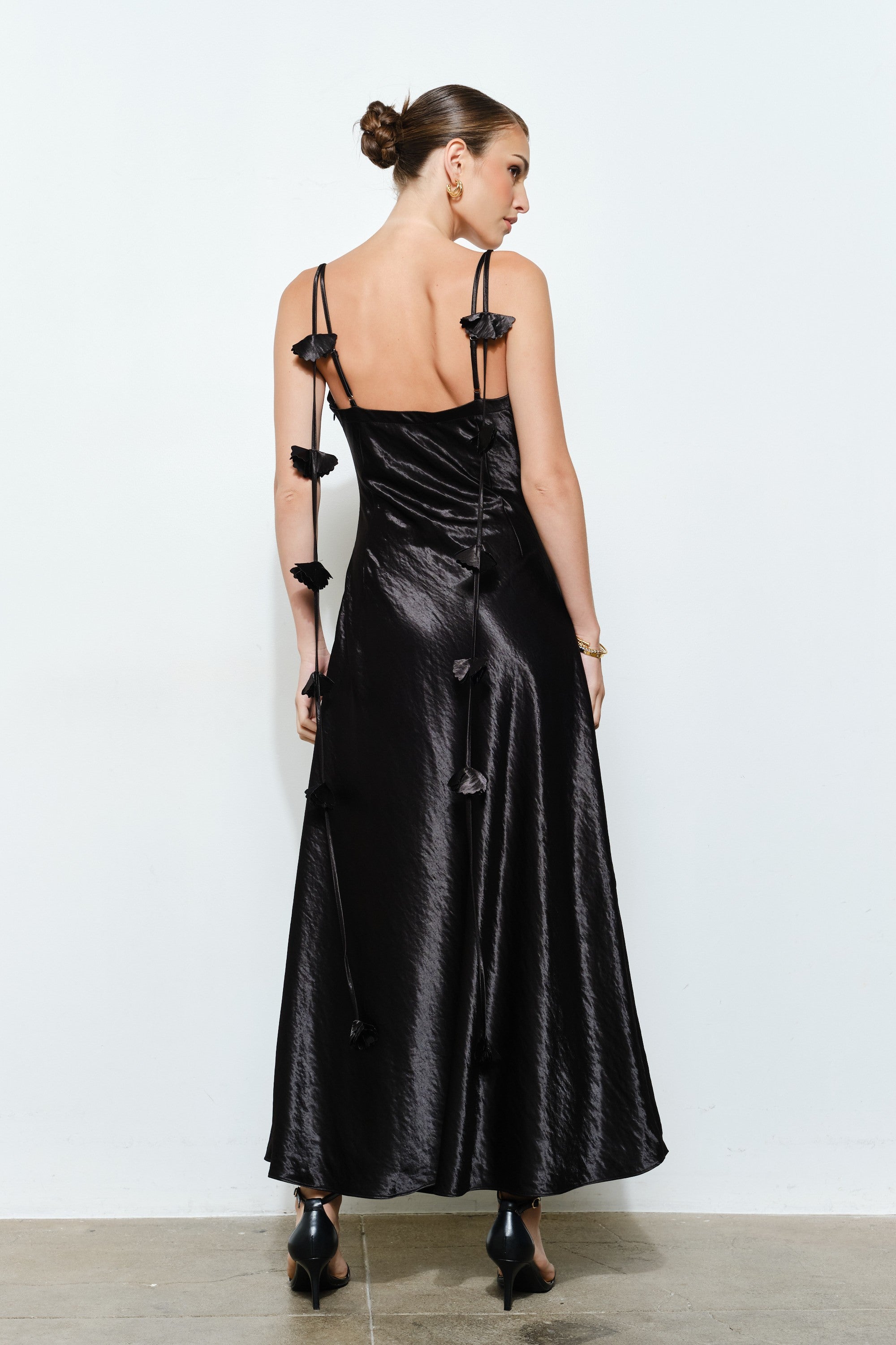 3D Satin Flower Draped Back Maxi Dress