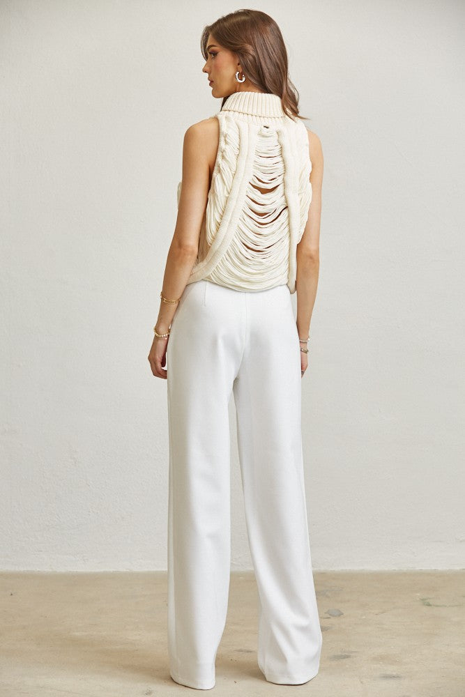 Shredded Rib-knit Turtleneck Top