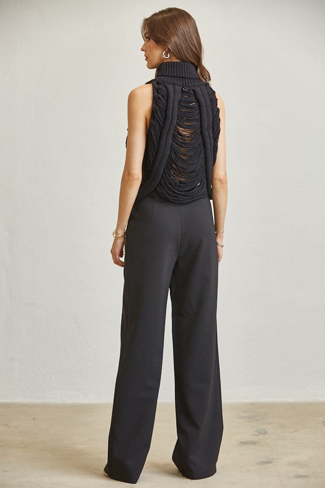 Shredded Rib-knit Turtleneck Top