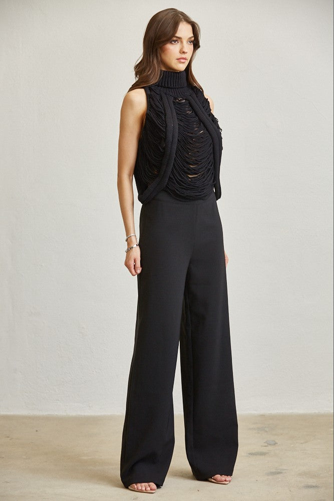 Shredded Rib-knit Turtleneck Top