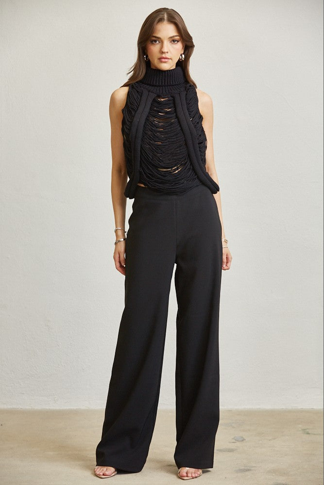 Shredded Rib-knit Turtleneck Top