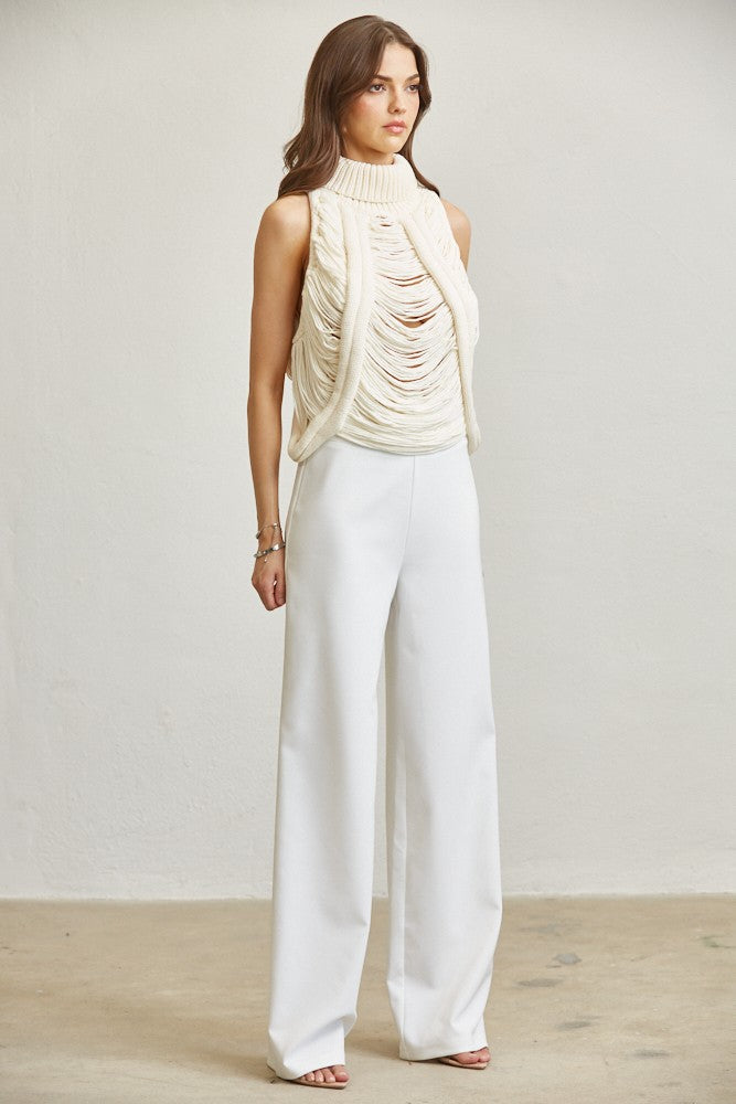 Shredded Rib-knit Turtleneck Top