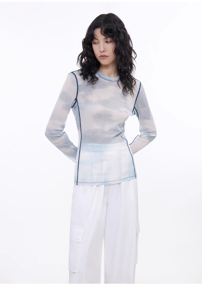 Smudge-Printed Mesh See-Through Long-Sleeved Shirt