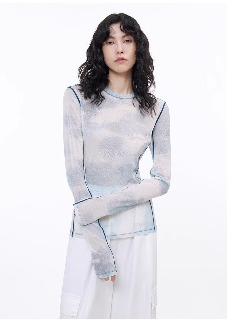 Smudge-Printed Mesh See-Through Long-Sleeved Shirt