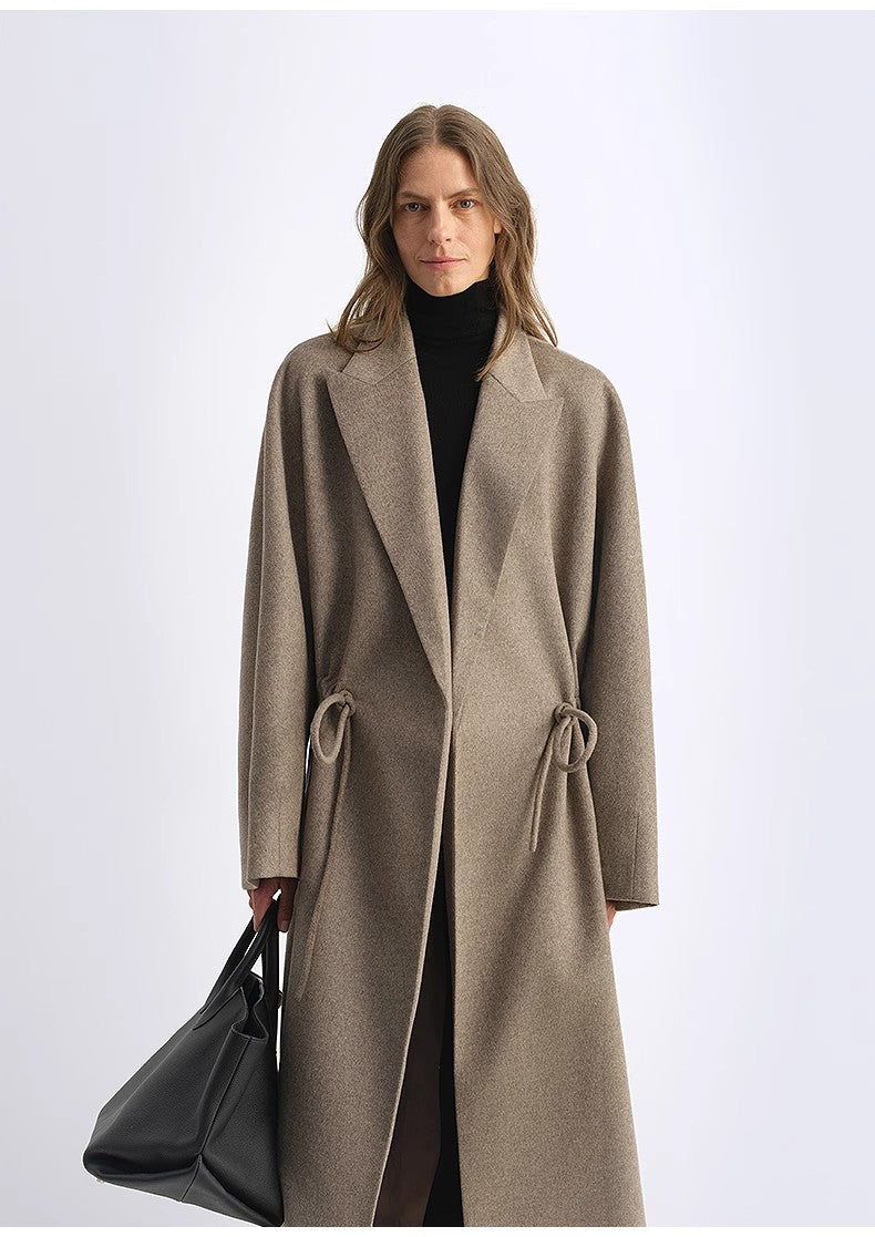 "Desert Heart" Women's Original Color Peaked Lapel Drawstring Mid-Length Wool Coat