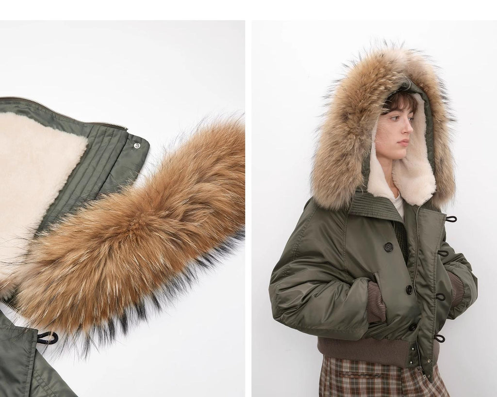 Large Hood, Raccoon Fur Collar Style Style Jacket