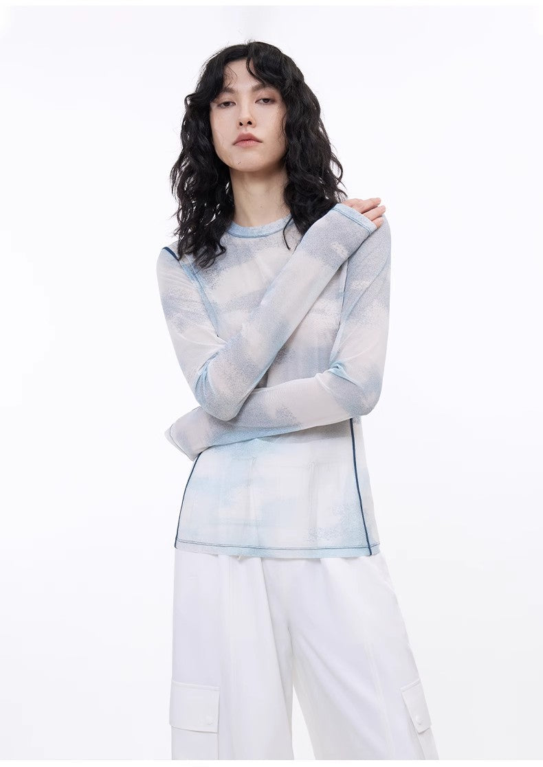 Smudge-Printed Mesh See-Through Long-Sleeved Shirt