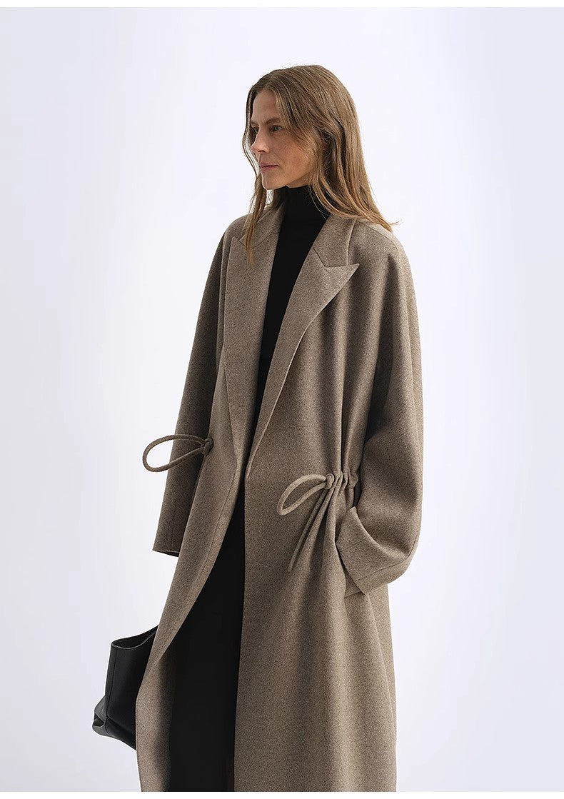 "Desert Heart" Women's Original Color Peaked Lapel Drawstring Mid-Length Wool Coat