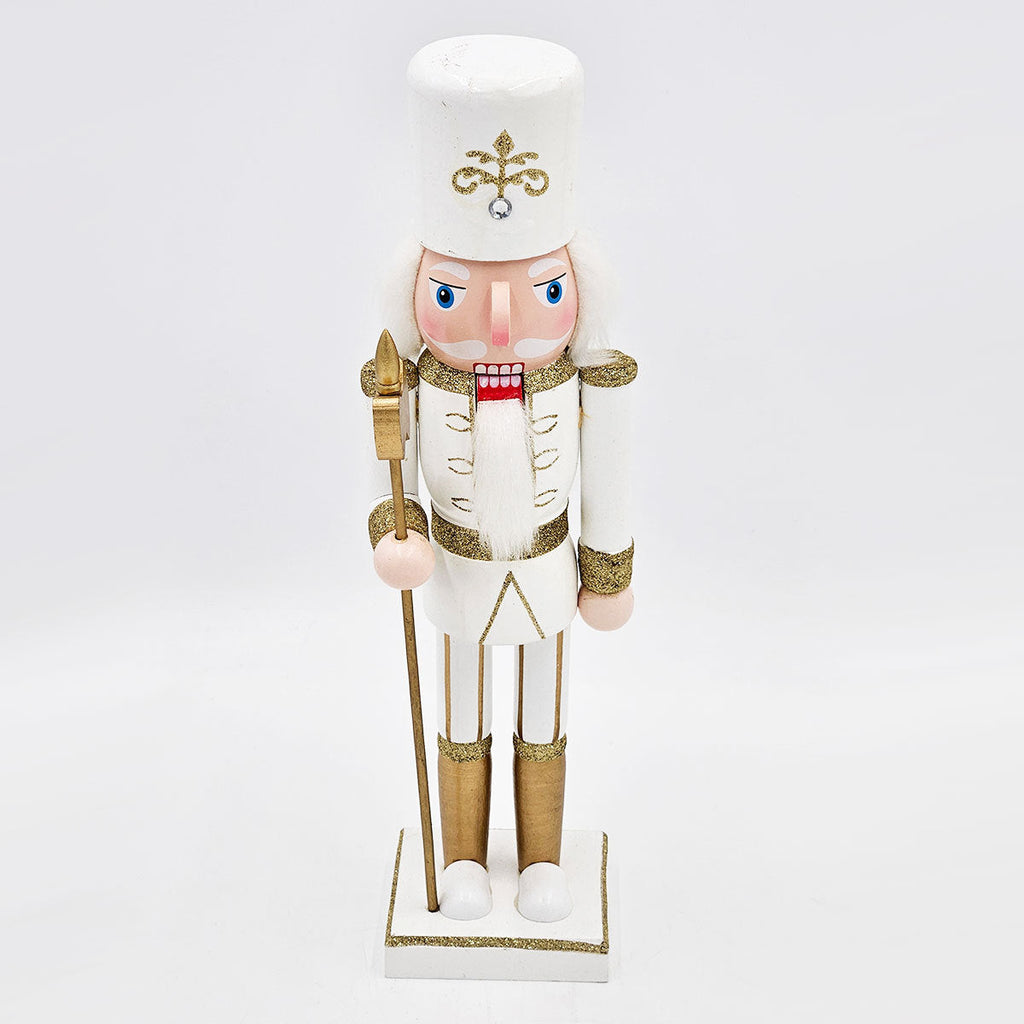 White & Gold Christmas Nutcracker Figurine – 14" Classic Wooden Holiday Decor