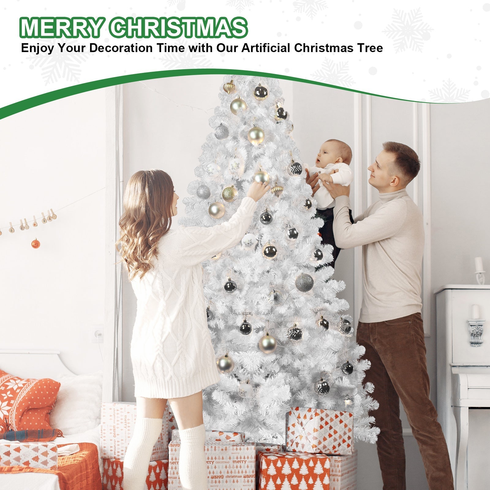 7ft White Artificial Christmas Tree – Full, Lush PVC Pine with Memory Wire Branches & Easy Assembly