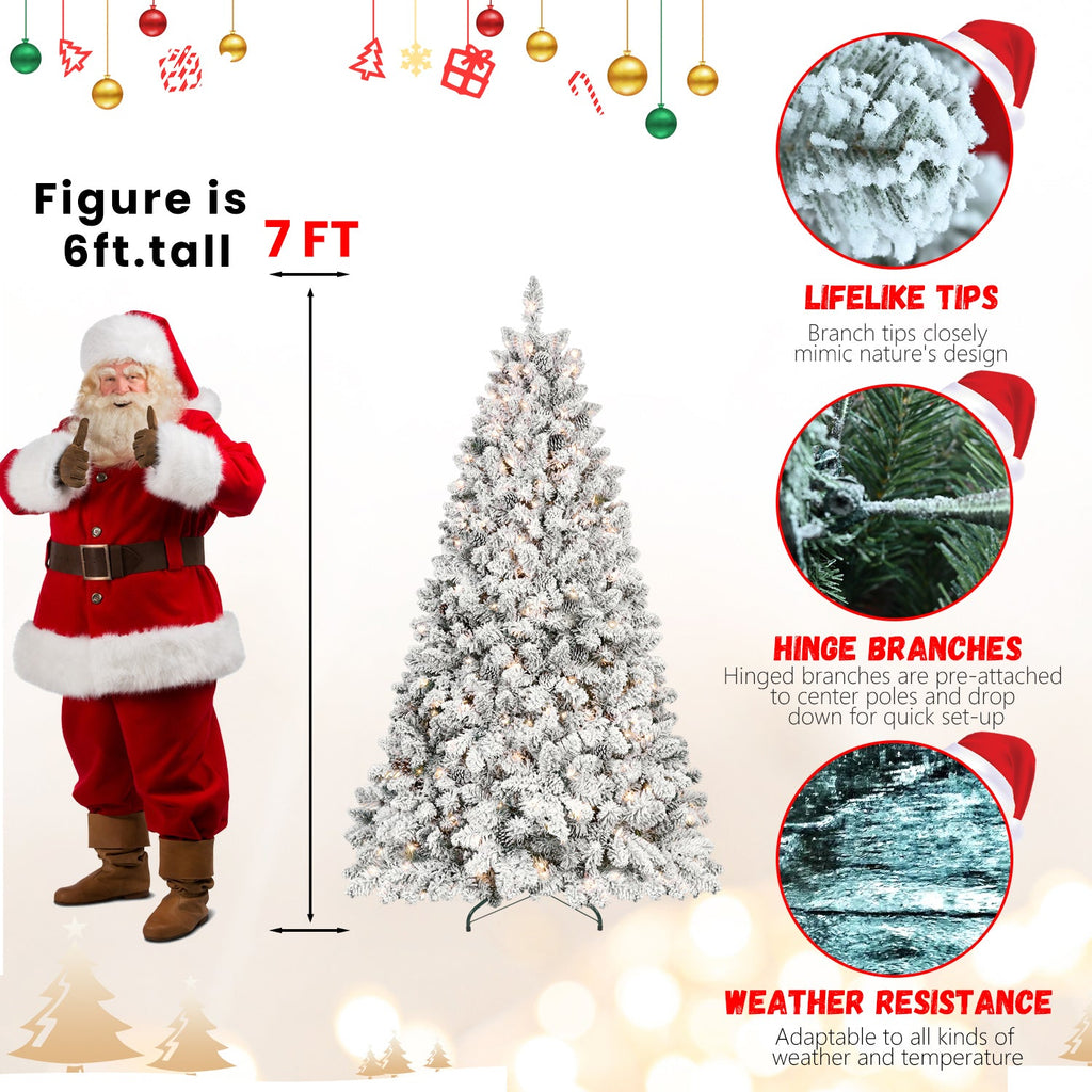 8ft Flocked Christmas Tree with 700 Warm White UL Lights & 54 Pine Cones – 1754 Snowy PVC Tips, Hinged Structure, and Metal Stand