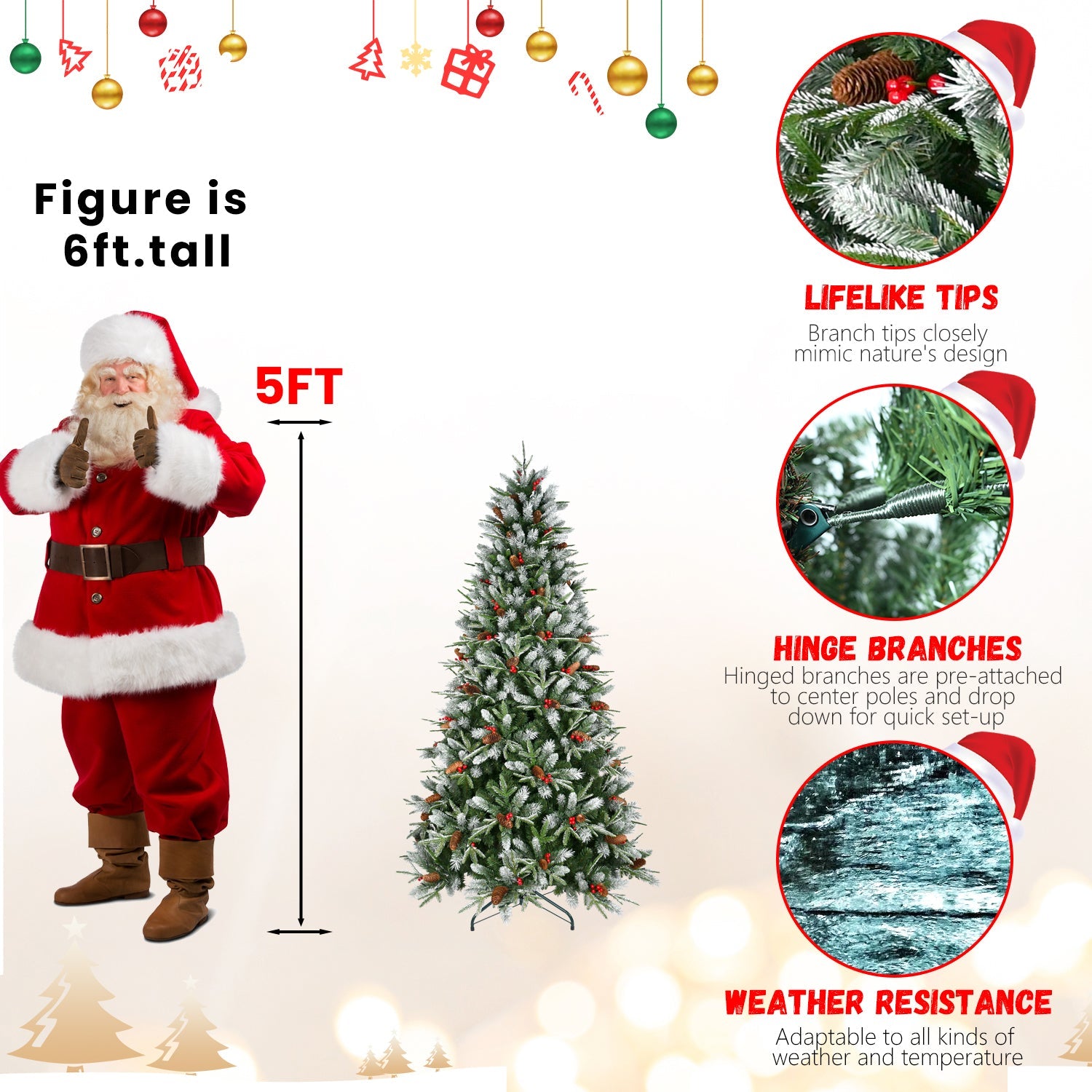 7ft Snow-Dusted Christmas Tree with Red Berries & Pine Cones – 2178 PE+PVC Tips, Hinged Design, and Metal Stand