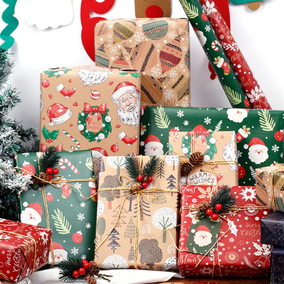 16 Different Assorted Styles Holiday Christmas Wrapping Paper Roll – Vintage Kraft Paper with Santa, Snowflake & Reindeer Designs, Gift Wrap for Kids & Adults