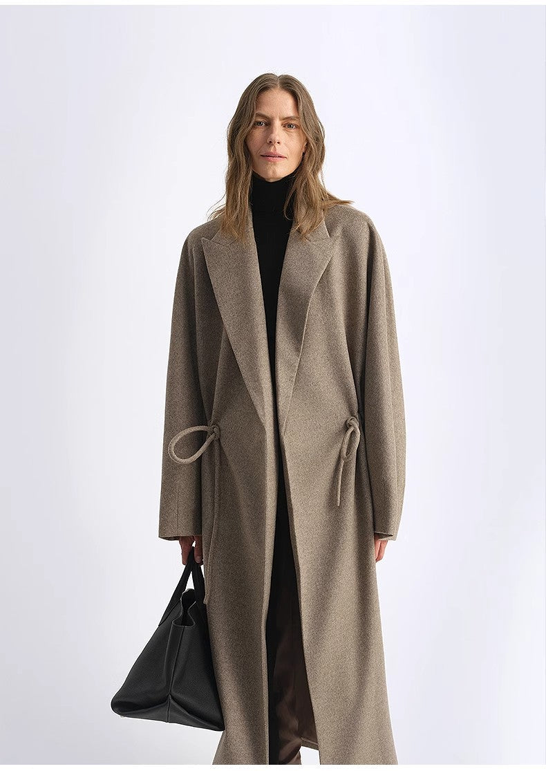 "Desert Heart" Women's Original Color Peaked Lapel Drawstring Mid-Length Wool Coat