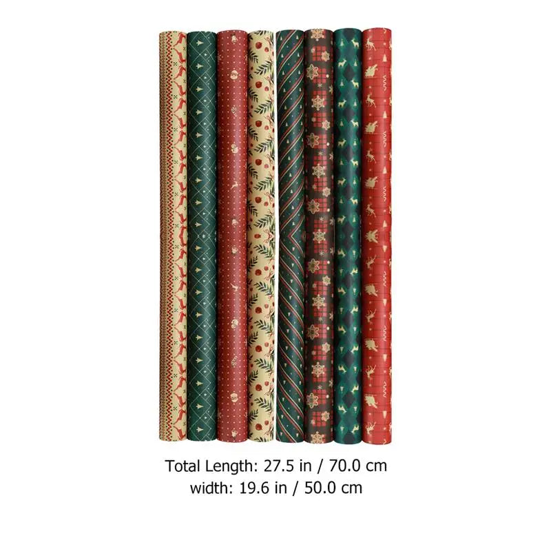 8-Pack Christmas Wrapping Paper Set – Vintage Kraft Gift Wrap with Classic Holiday Patterns, 27×20 Inch Sheets for DIY Gifts, Weddings & Holiday Crafts
