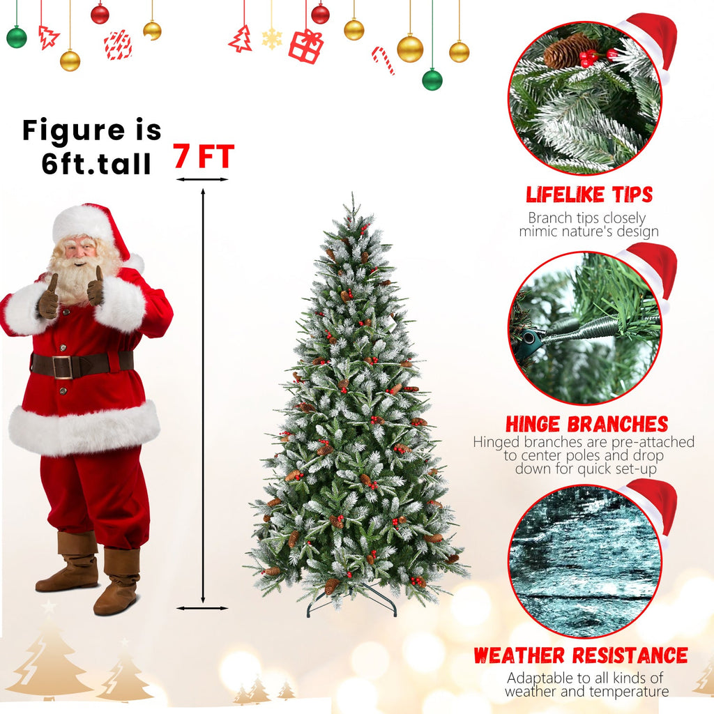 7ft Snow-Dusted Christmas Tree with Red Berries & Pine Cones – 2178 PE+PVC Tips, Hinged Design, and Metal Stand