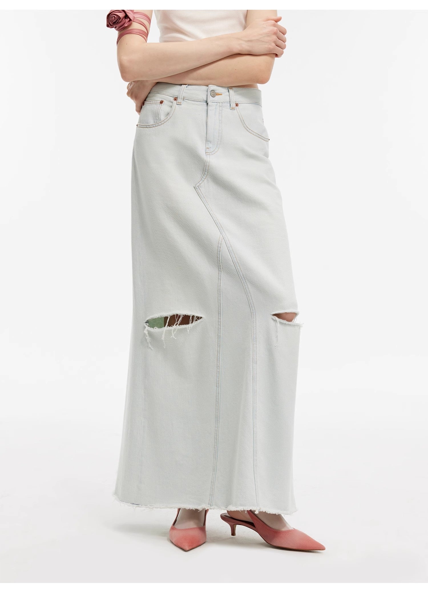 "Walden Pond" Wash-Faded Distressed Denim A-Line Skirt