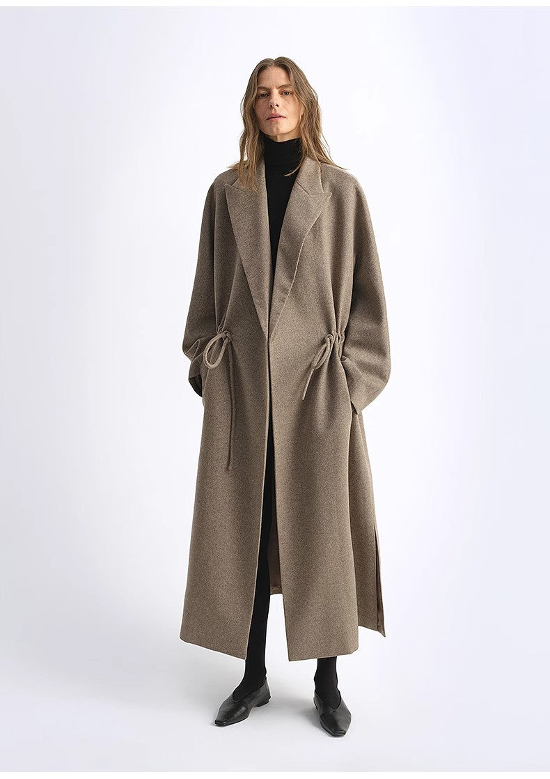 "Desert Heart" Women's Original Color Peaked Lapel Drawstring Mid-Length Wool Coat