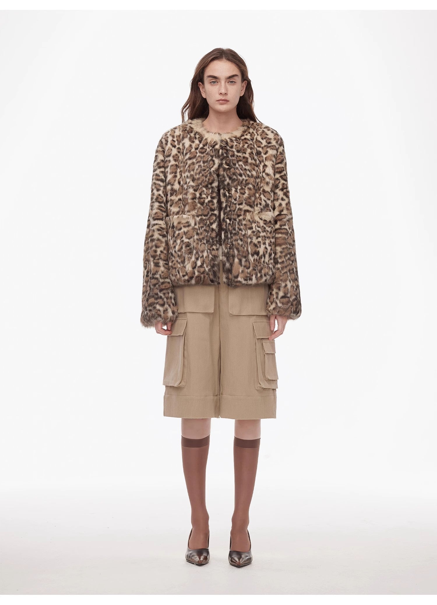 "Leopard Print Guide" Round Neck Leopard Print Rabbit Fur Jacket