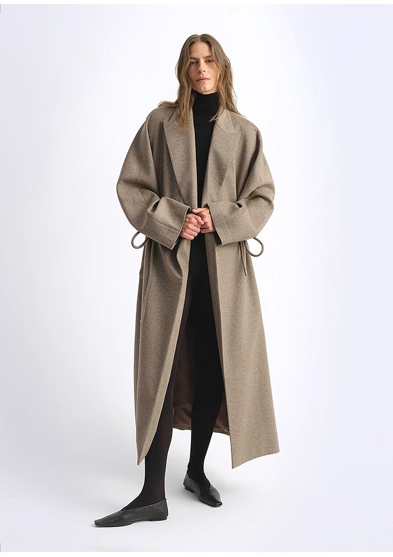 "Desert Heart" Women's Original Color Peaked Lapel Drawstring Mid-Length Wool Coat
