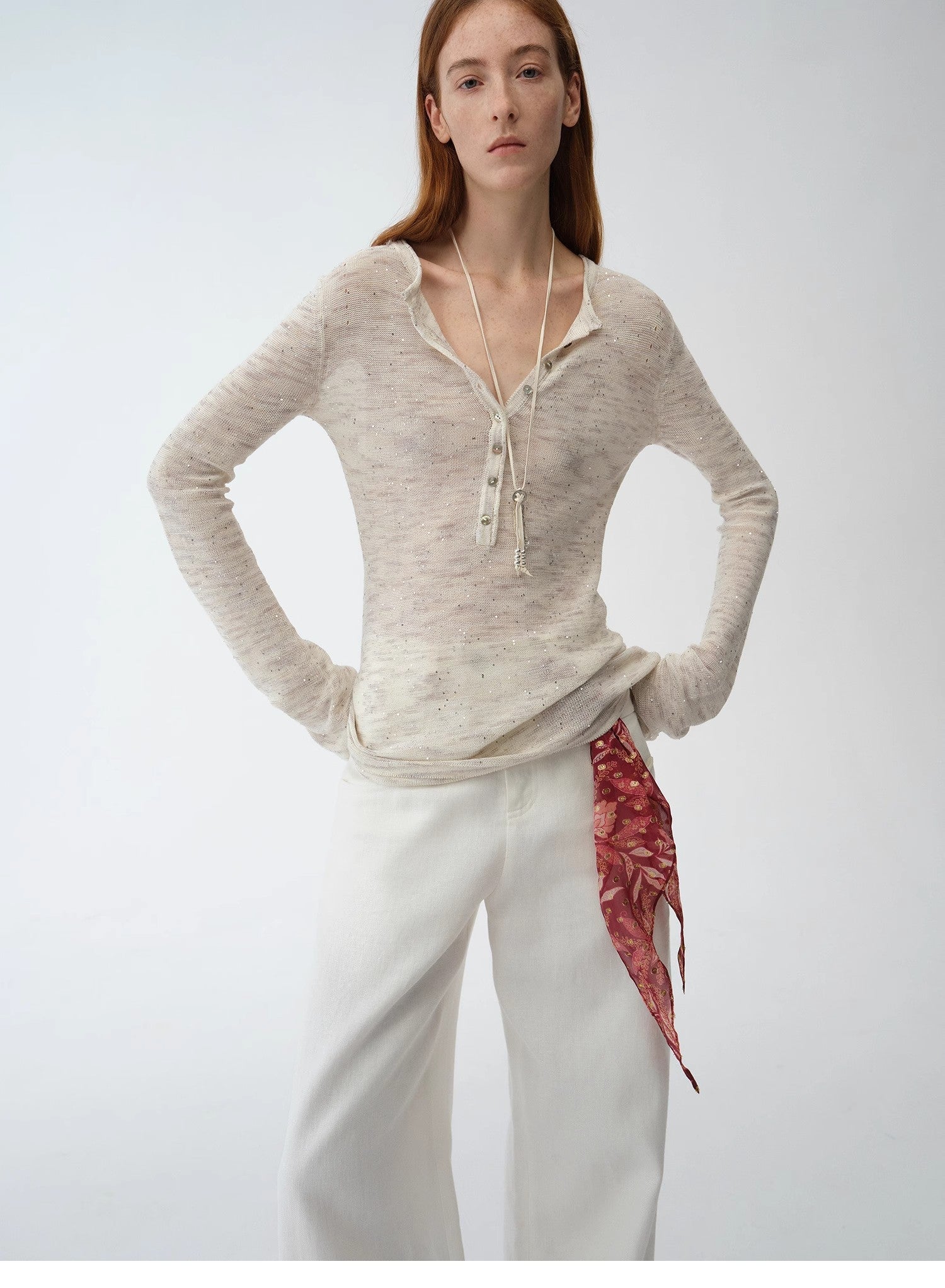 "Perry Moonlight" Cotton and Linen Beaded Knitted Top