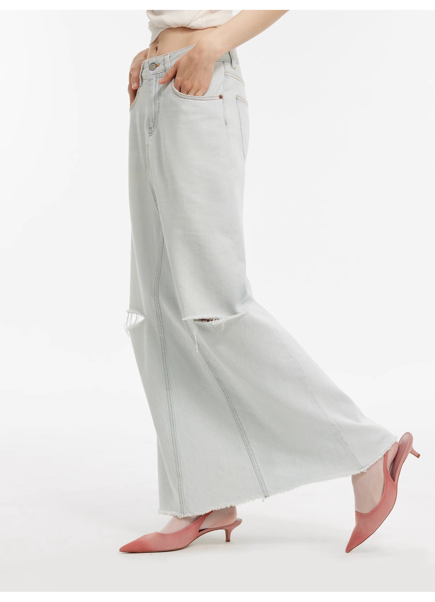 "Walden Pond" Wash-Faded Distressed Denim A-Line Skirt