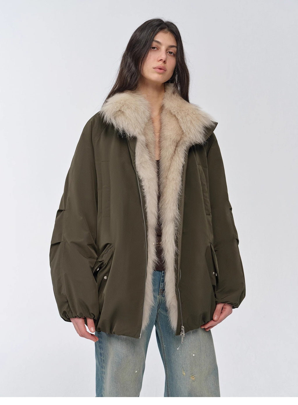 "Warm Dialogue" Two-Tone Fox Fur Collar Detachable Mid-Length Down Parka