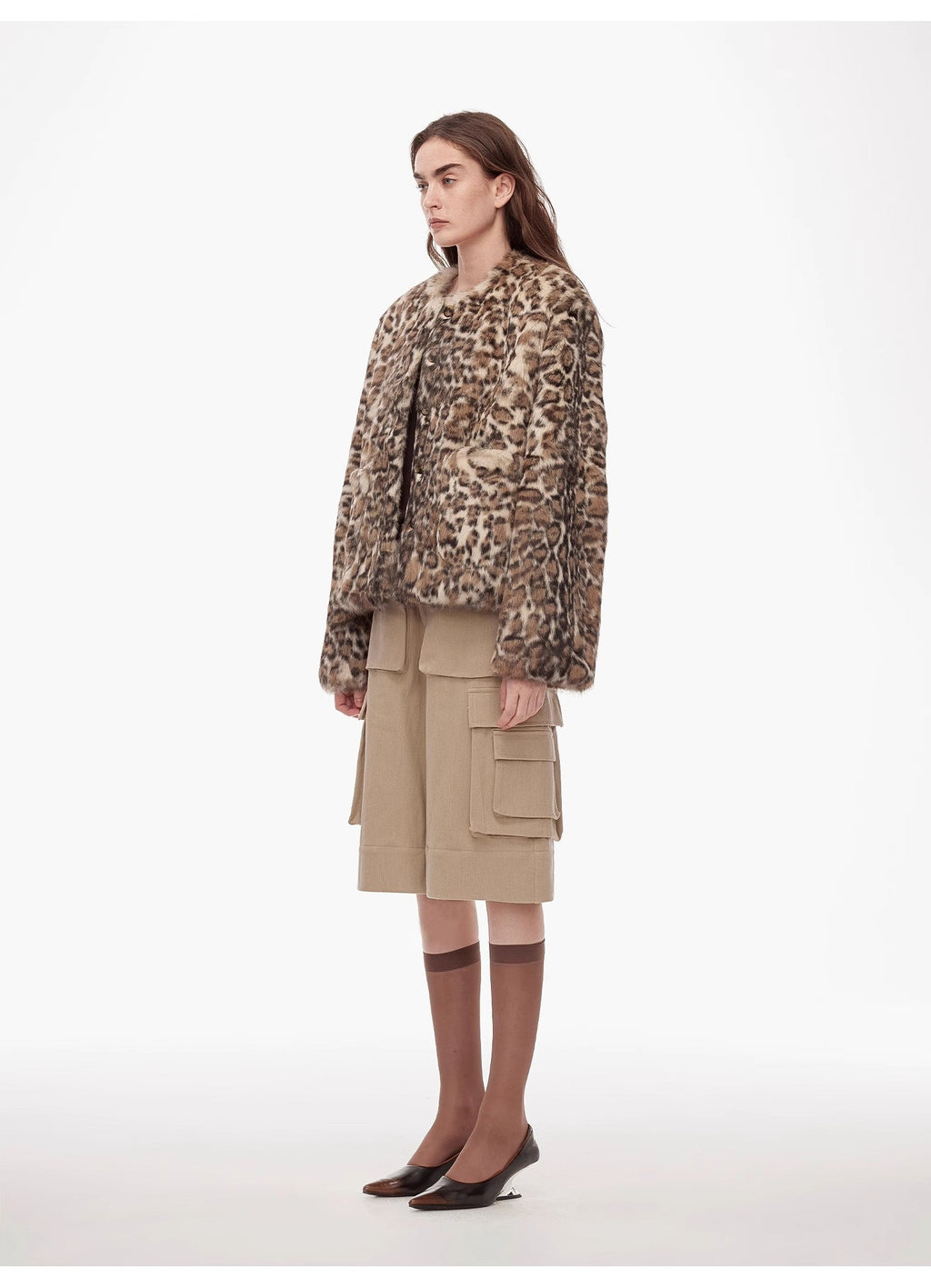"Leopard Print Guide" Round Neck Leopard Print Rabbit Fur Jacket