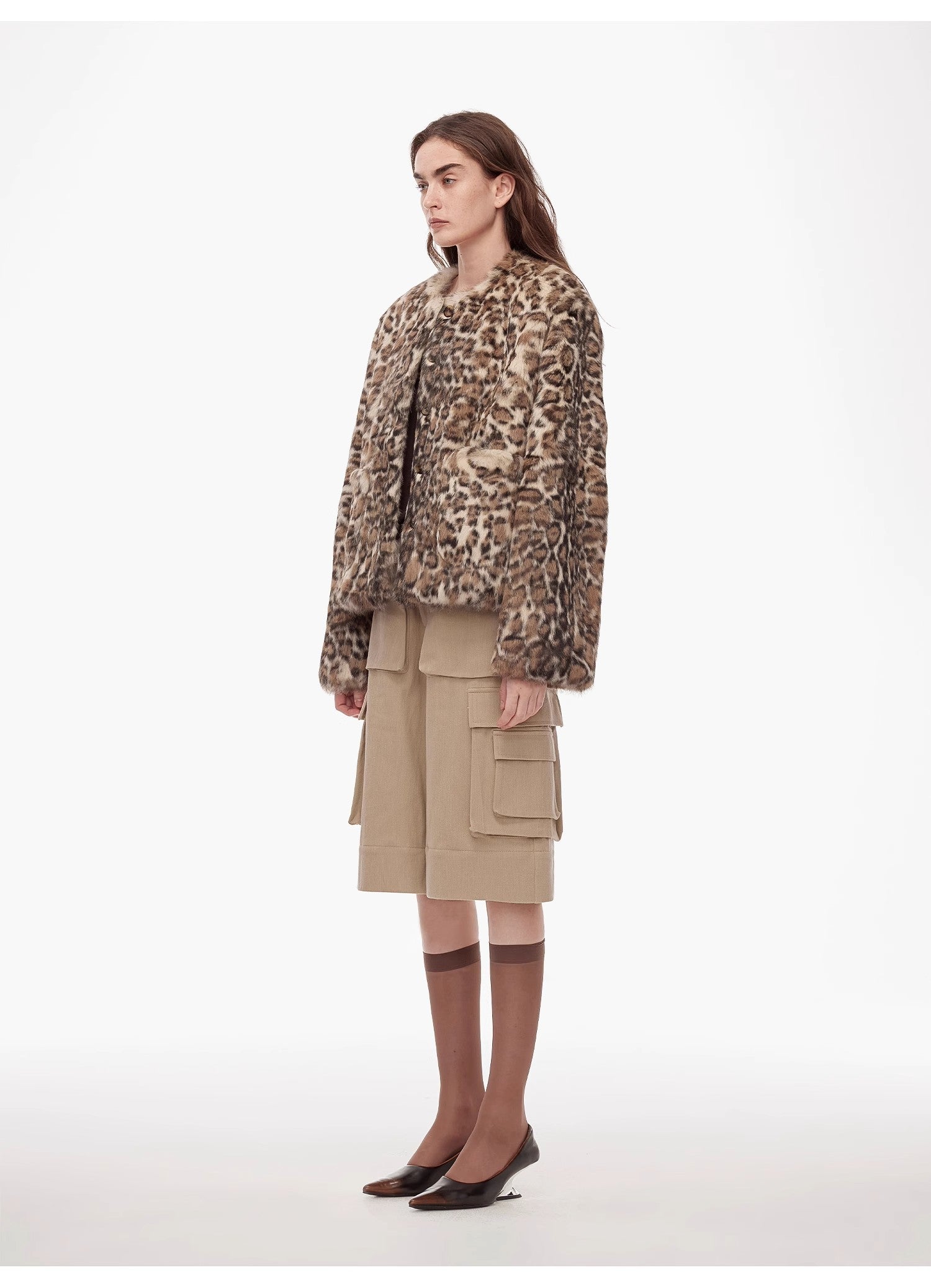 "Leopard Print Guide" Round Neck Leopard Print Rabbit Fur Jacket