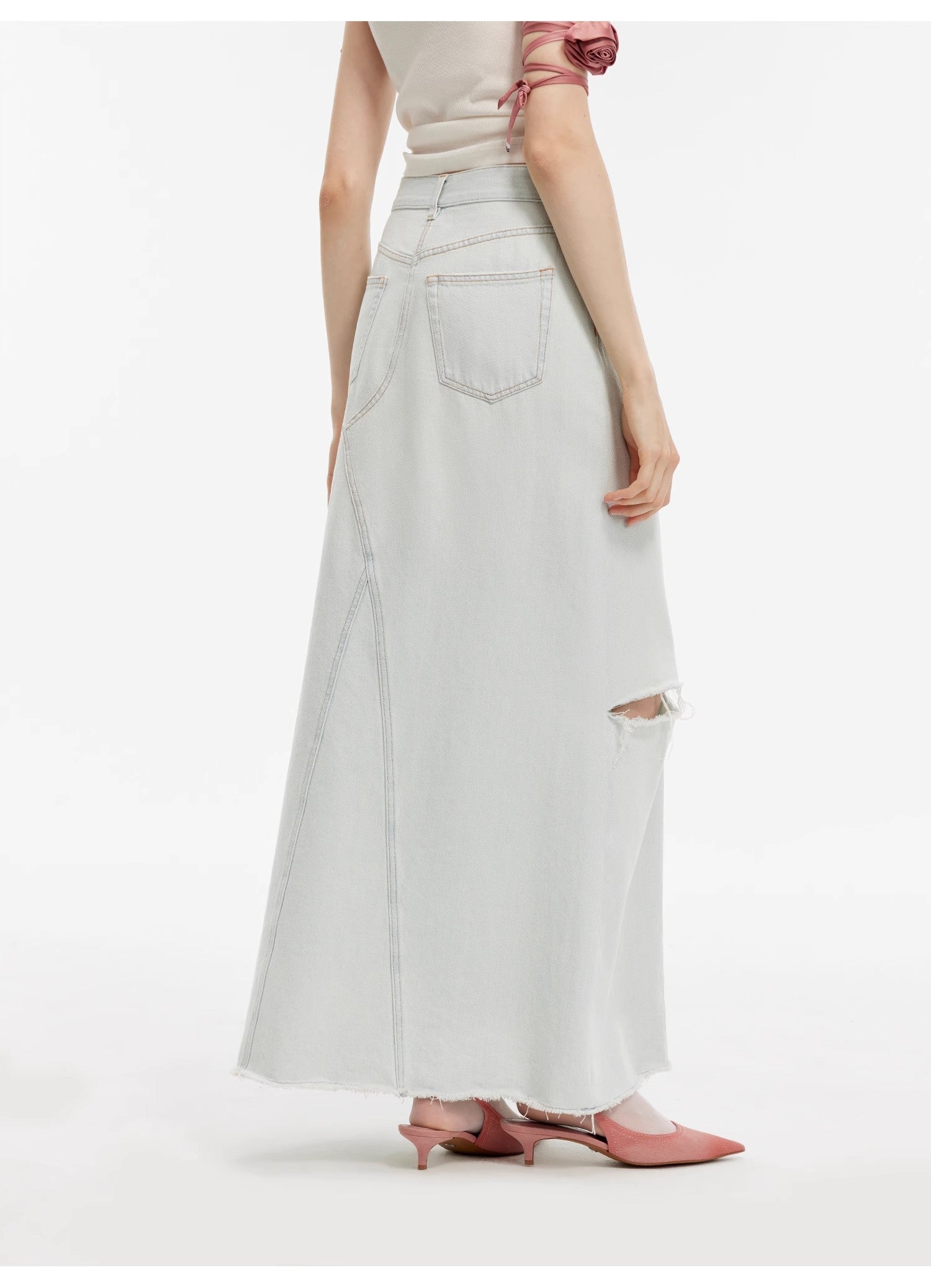 "Walden Pond" Wash-Faded Distressed Denim A-Line Skirt