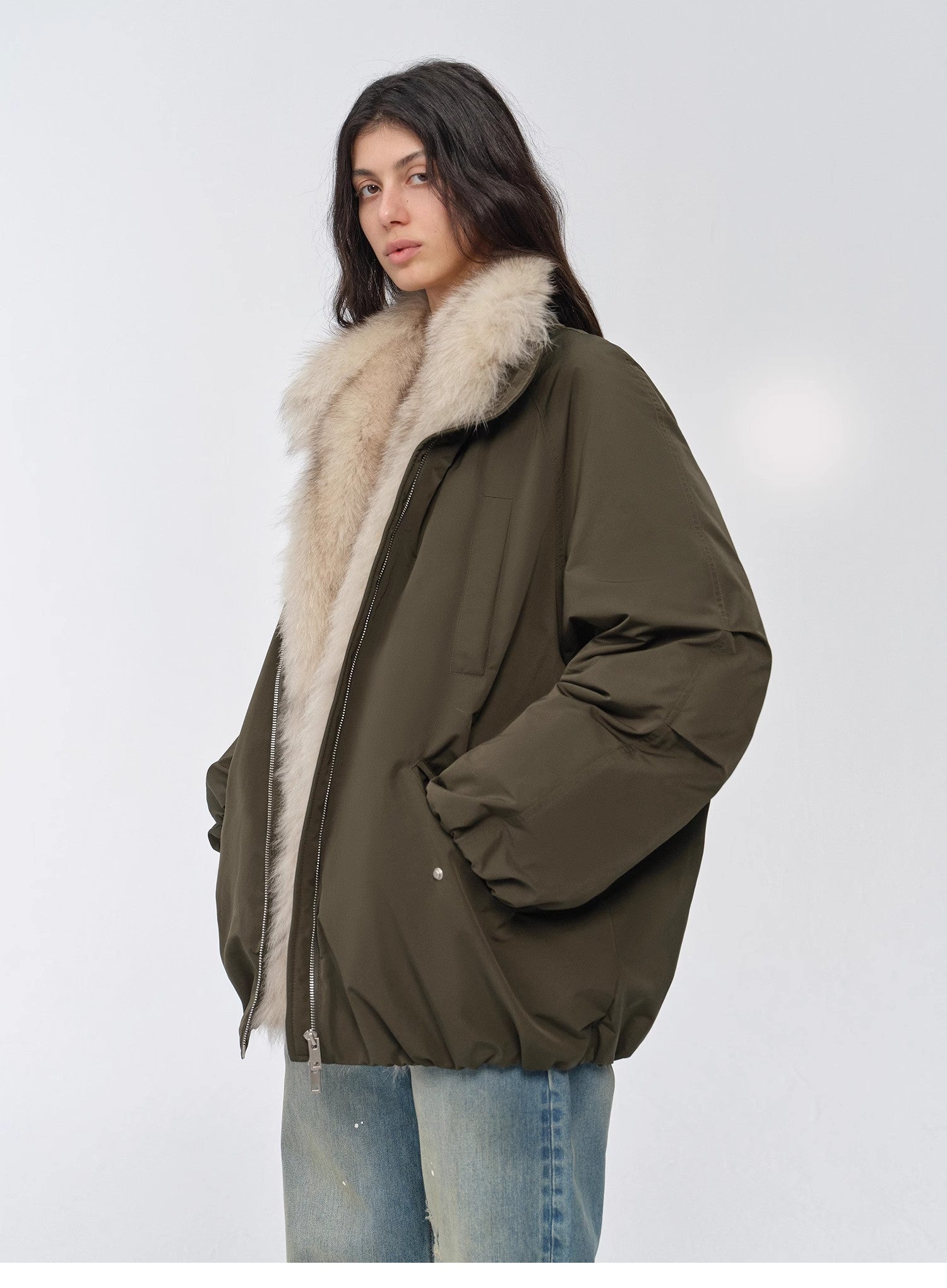 "Warm Dialogue" Two-Tone Fox Fur Collar Detachable Mid-Length Down Parka