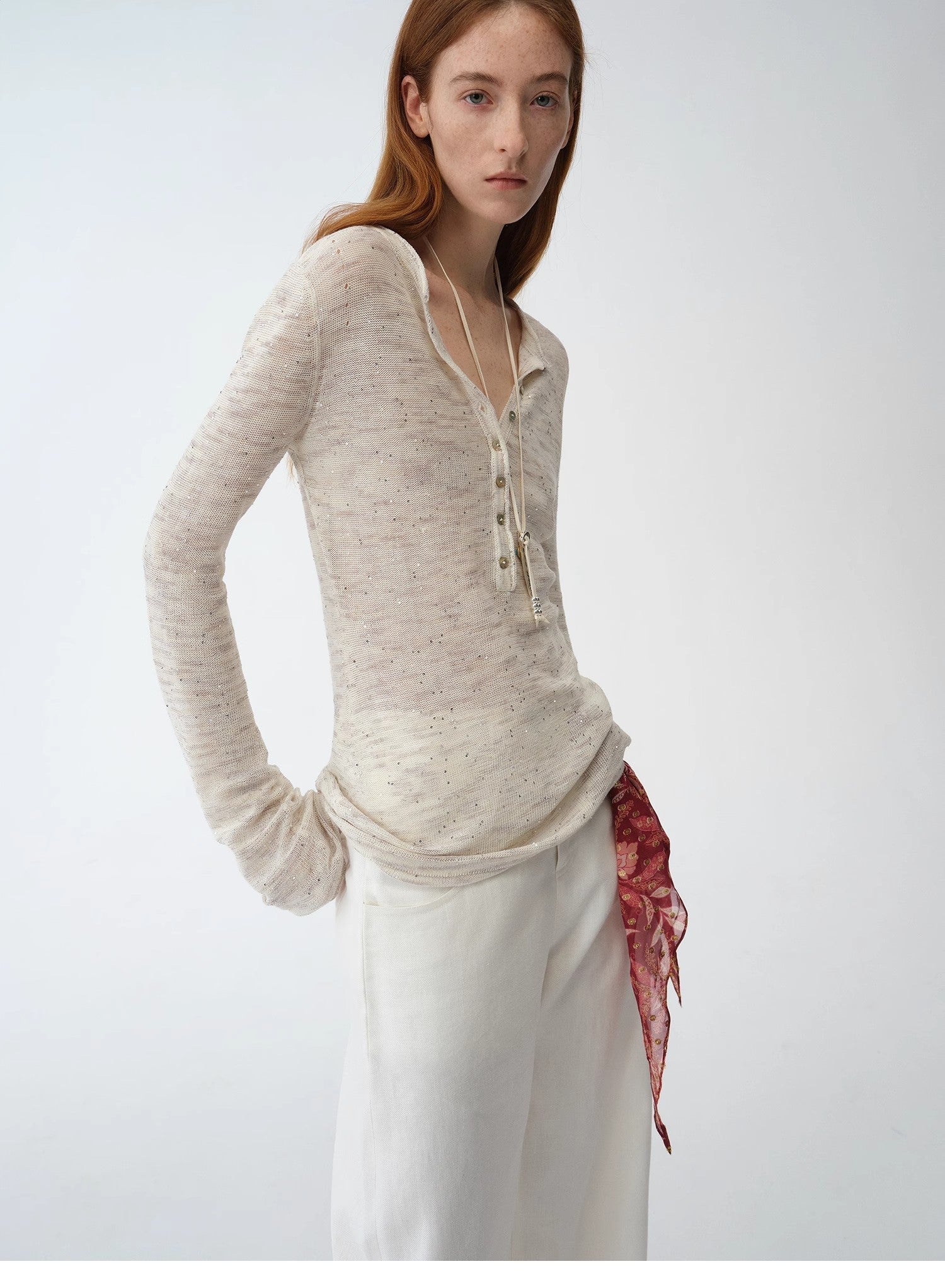 "Perry Moonlight" Cotton and Linen Beaded Knitted Top