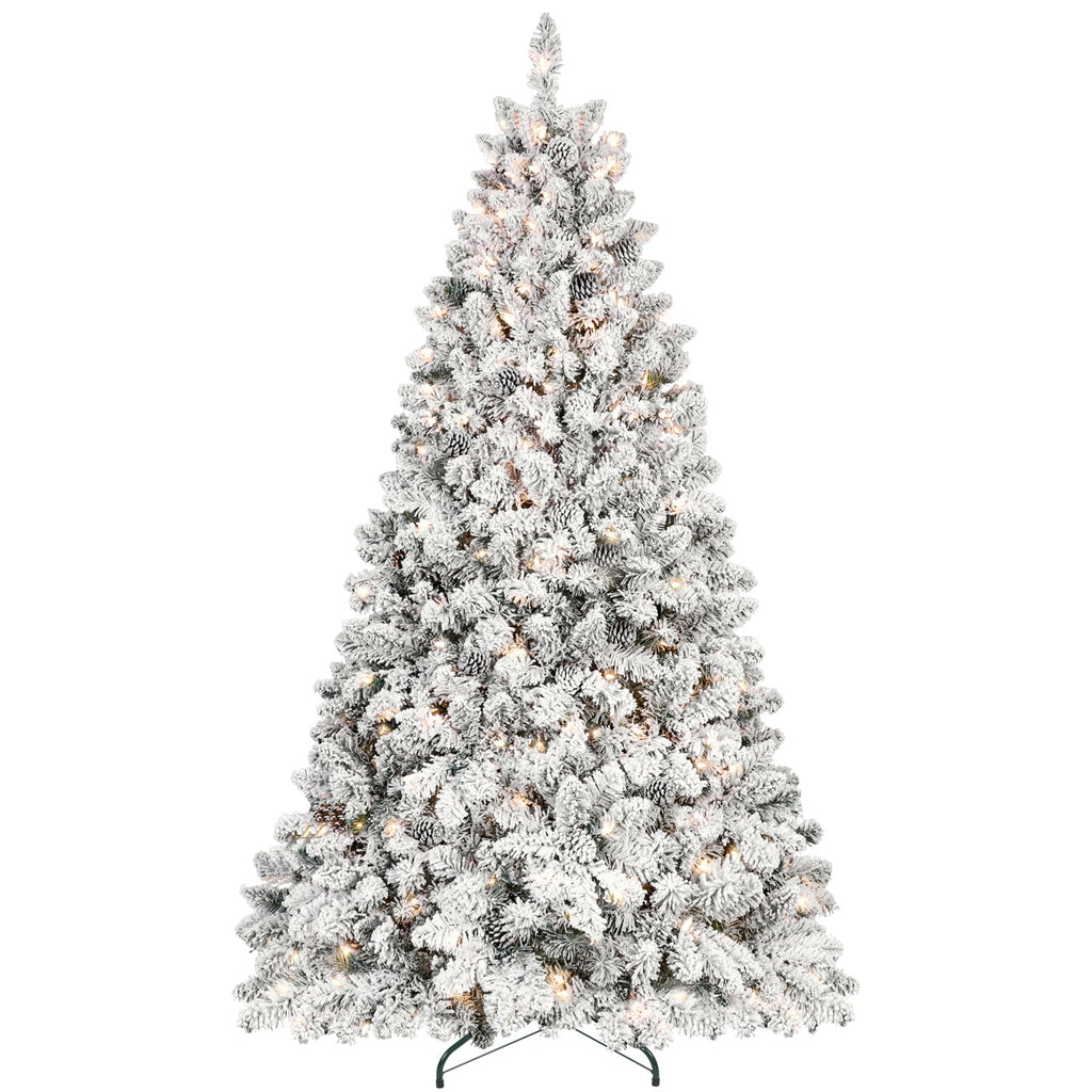 8ft Flocked Christmas Tree with 700 Warm White UL Lights & 54 Pine Cones – 1754 Snowy PVC Tips, Hinged Structure, and Metal Stand