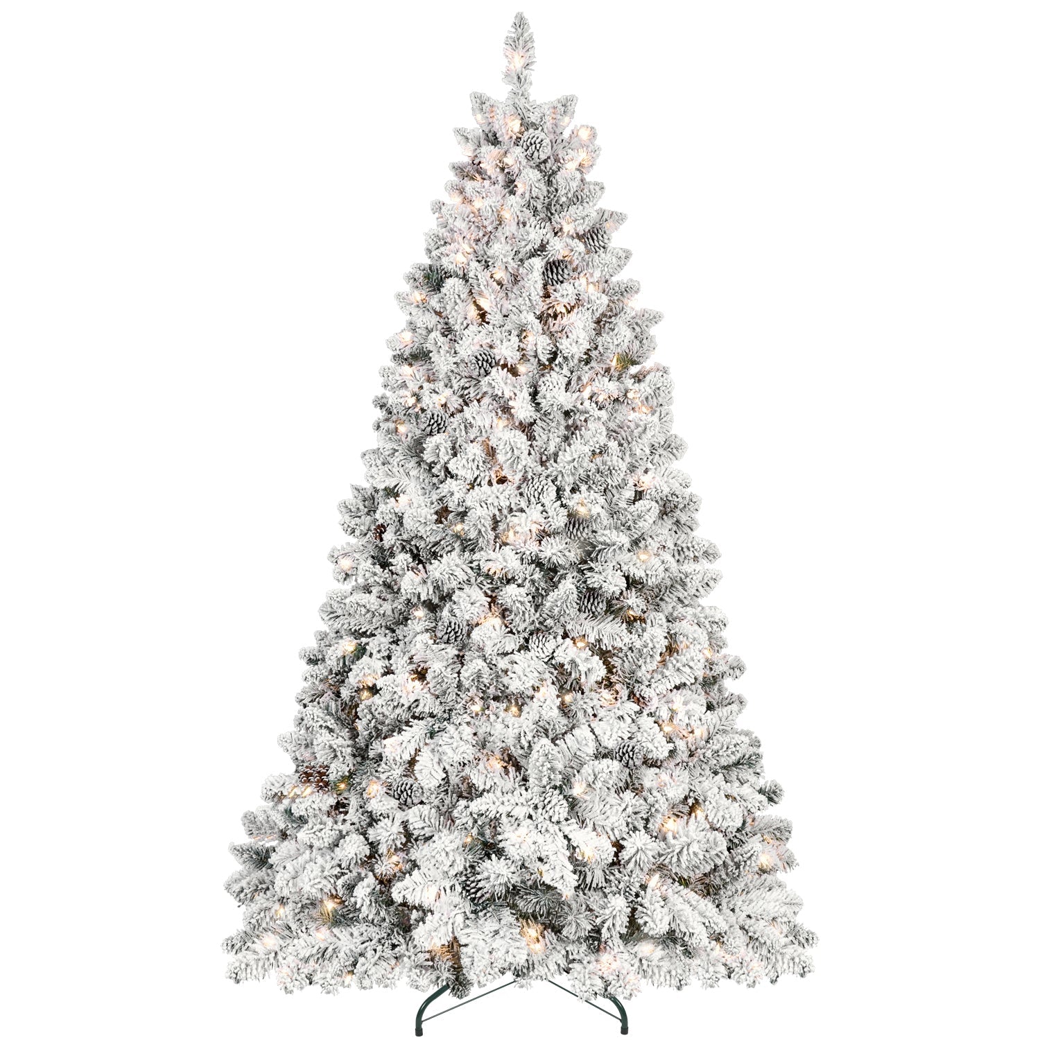 8ft Flocked Christmas Tree with 700 Warm White UL Lights & 54 Pine Cones – 1754 Snowy PVC Tips, Hinged Structure, and Metal Stand