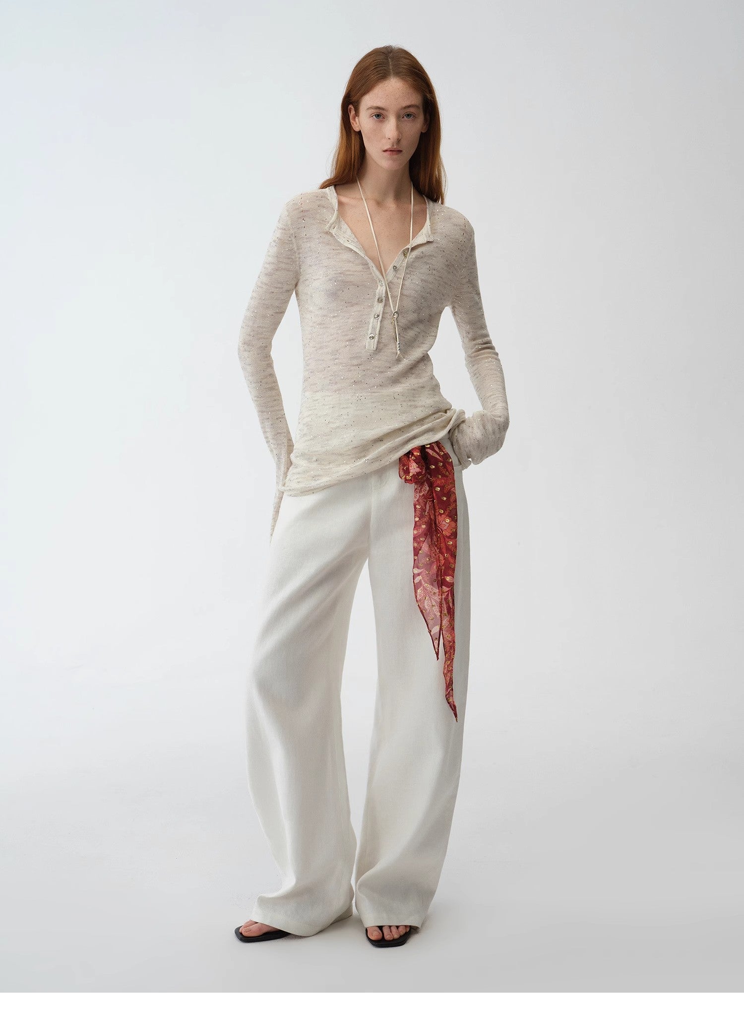 "Perry Moonlight" Cotton and Linen Beaded Knitted Top