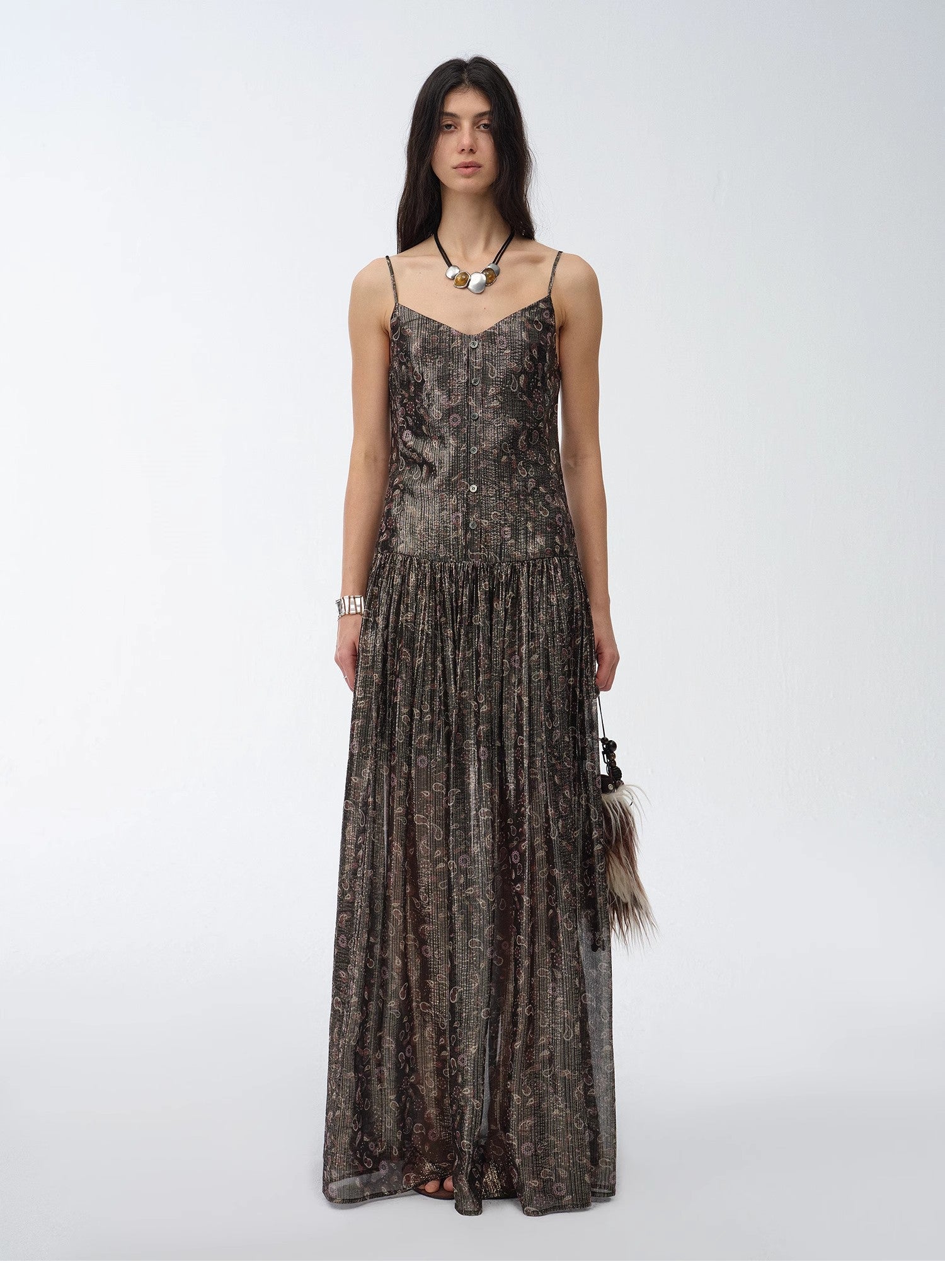 "Floating Lights" Paisley Print Silk Sling Dress