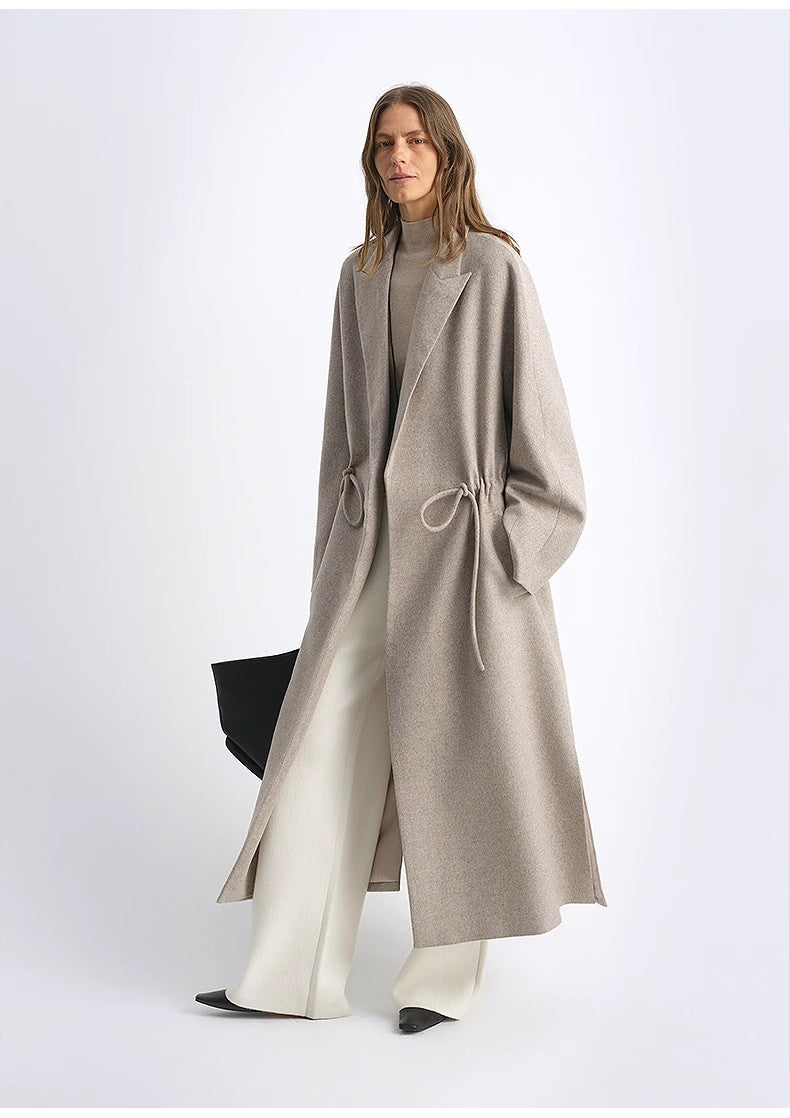 "Desert Heart" Women's Original Color Peaked Lapel Drawstring Mid-Length Wool Coat