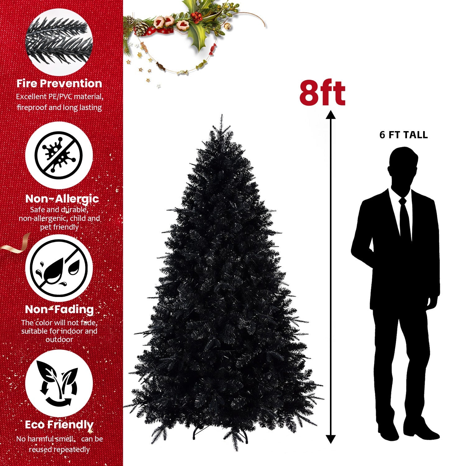 7.5ft Black Artificial Christmas Tree with 500 White LED Lights – 2156 PE+PVC Tips, Modern Hinged Design & Durable Metal Stand