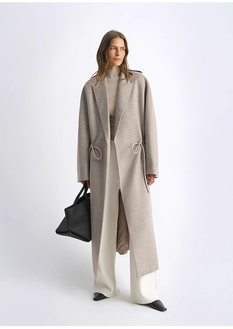 "Desert Heart" Women's Original Color Peaked Lapel Drawstring Mid-Length Wool Coat
