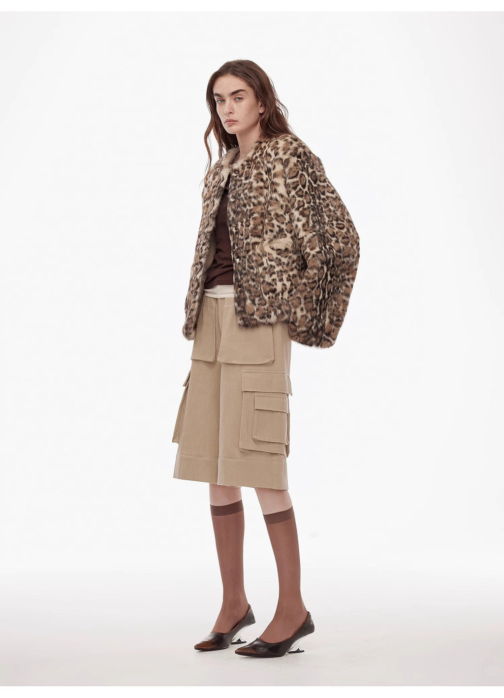"Leopard Print Guide" Round Neck Leopard Print Rabbit Fur Jacket